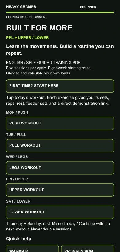 Foundation PDF excerpt showing the Built for More title and workout navigation